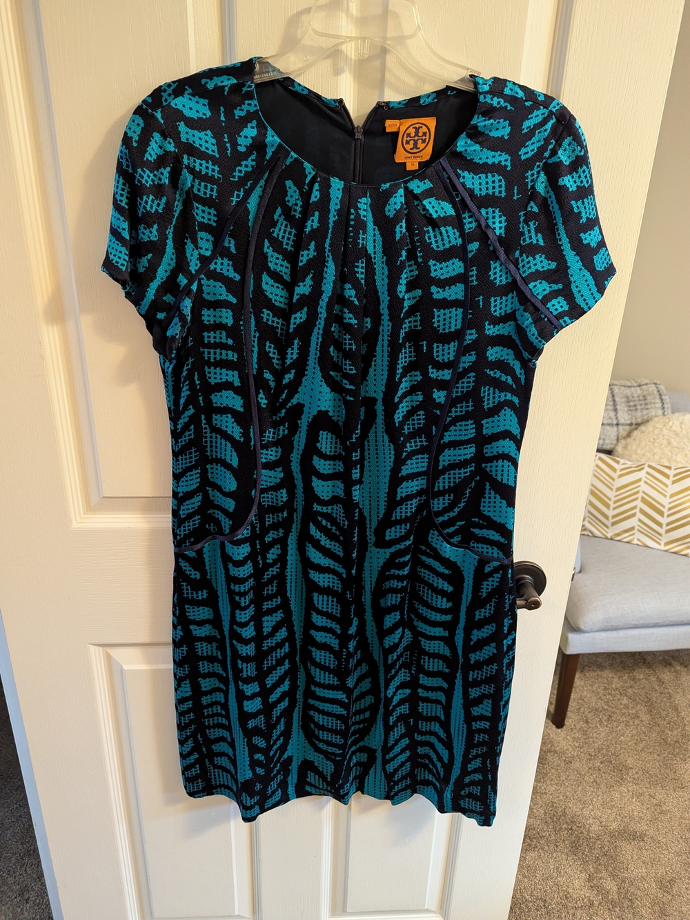 Tory Burch Teal and Black Leaf-Print Midi Dress